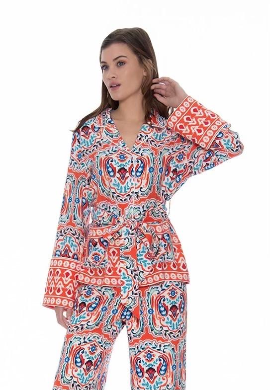 Orange Abstract Waist Tie Blouse