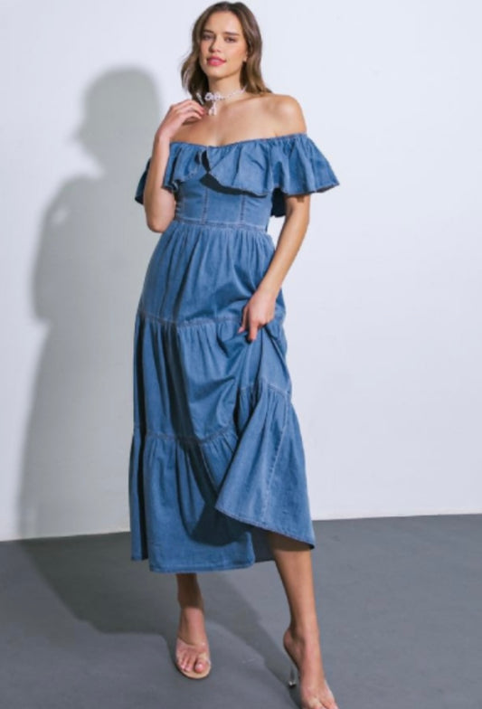 Offshoulder Denim Midi Dress
