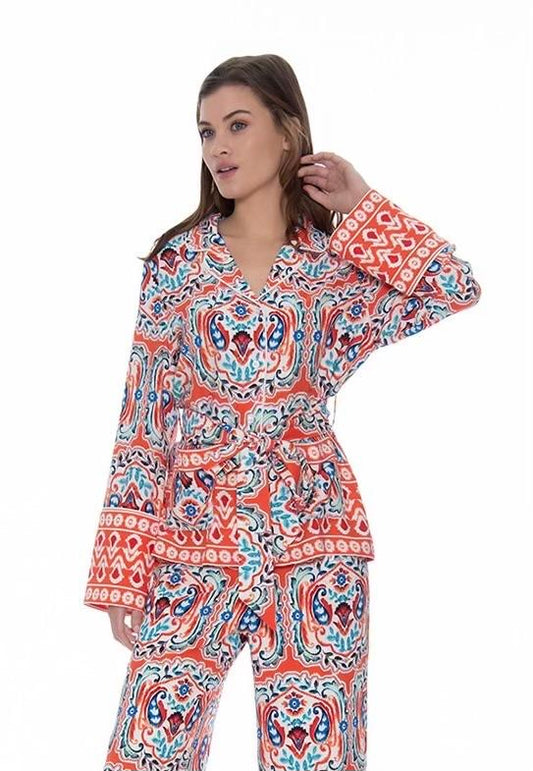 Orange Abstract Waist Tie Blouse
