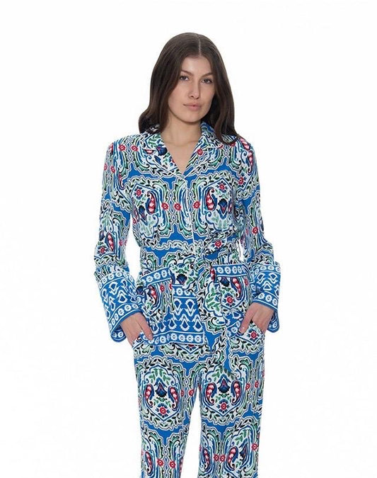 Blue Abstract Waist Tie Blouse